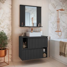 Conjunto de Gabinete com Cuba Branca e Espelho de Banheiro Luiza 2 PT Grafite