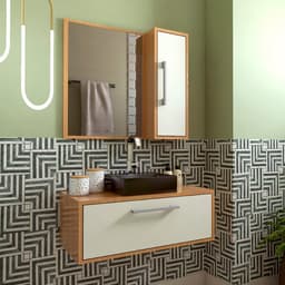 Conjunto de Gabinete com Cuba Preta e Armário de Banheiro com Espelho Alice 2 PT Mel e Arenas