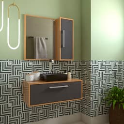 Conjunto de Gabinete com Cuba Preta e Armário de Banheiro com Espelho Alice 2 PT Mel e Grafite