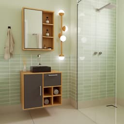 Conjunto de Gabinete com Cuba Preta e Armário de Banheiro com Espelho Eduarda 2 PT 1 GV Mel e Grafite