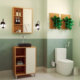 Conjunto de Gabinete com Cuba Preta e Armário de Banheiro com Espelho Julia 2 PT Mel e Arenas