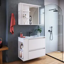 Conjunto de Gabinete com Lavatório Estela e Armário de Banheiro com Espelho 1 PT 1 GV Branco