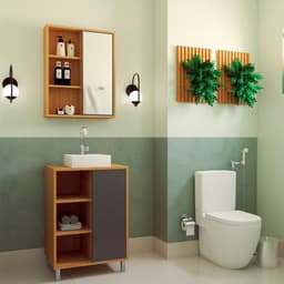 Conjunto de Gabinete e Armário de Banheiro com Espelho Julia 2 PT Mel e Grafite