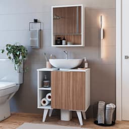 Conjunto de Gabinete e Armário de Banheiro com Espelho Slim 2 PT Branco e Montana