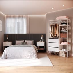 Conjunto de Guarda-Roupa Closet Modulado Dormitório 3 Gavetas e 2 Mesas de Cabeceira Retrô 1 Gaveta Branco e Mel