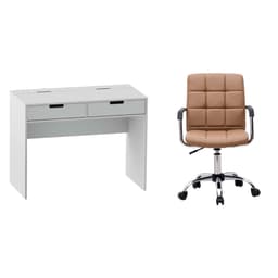 Conjunto de Mesa New Branca com Cadeira de Escritório Secretária Giratória Fitz Marrom