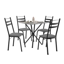 Conjunto de Mesa Quadrada com Tampo Granito e 4 Cadeiras Léia II Revestimento Sintético Preto e Platina