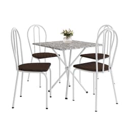 Conjunto de Mesa Quadrada com Tampo Granito e 4 Cadeiras Léia Revestimento Sintético Branco e Cacau