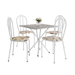 Conjunto de Mesa Quadrada com Tampo Granito e 4 Cadeiras Léia Revestimento Sintético Branco e Cedro