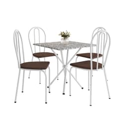 Conjunto de Mesa Quadrada com Tampo Granito e 4 Cadeiras Léia Revestimento Sintético Branco e Imbuia