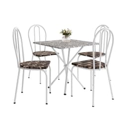 Conjunto de Mesa Quadrada com Tampo Granito e 4 Cadeiras Léia Revestimento Sintético Branco e Palha