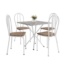 Conjunto de Mesa Quadrada com Tampo Granito e 4 Cadeiras Léia Revestimento Sintético Branco e Rattan