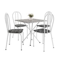 Conjunto de Mesa Quadrada com Tampo Granito e 4 Cadeiras Léia Revestimento Sintético Branco e Silver