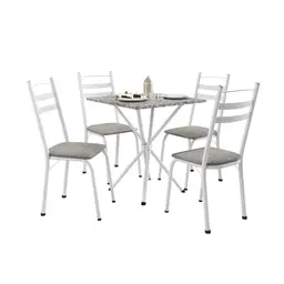 Conjunto de Mesa Quadrada com Tampo Granito e 4 Cadeiras Léia Revestimento Sintético Grafiato e Branco
