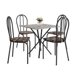Conjunto de Mesa Quadrada com Tampo Granito e 4 Cadeiras Léia Revestimento Sintético Preto e Palha