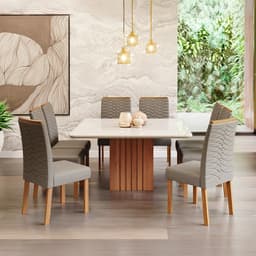 Conjunto de Mesa Quadrada com Tampo de Vidro Off White Ana e 8 Cadeiras Clarice Linho Grafite e Madeira