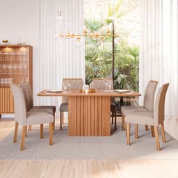 Conjunto de Mesa Retangular com Tampo de MDF Cinamomo Ana e 6 Cadeiras Juliana Linho Bege e Madeira