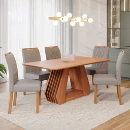 Conjunto de Mesa Retangular com Tampo de MDF Cinamomo Ágata e 6 Cadeiras Juliana Linho Grafite e Madeira