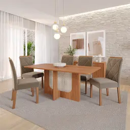 Conjunto de Mesa Retangular com Tampo de MDF Cinamomo Louise e 6 Cadeiras Fernanda Suede Joli e Madeira