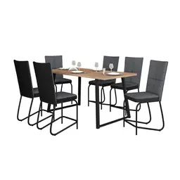 Conjunto de Mesa Retangular com Tampo de MDP Amadeirado Atlanta e 6 Cadeiras Mônaco Revestimento Sintético Cinza e Preto