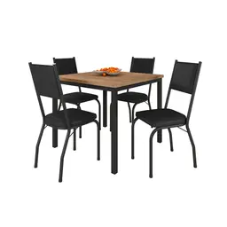 Conjunto de Mesa Retangular com Tampo de MDP Amadeirado e 4 Cadeiras Adriana II Revestimento Sintético Preto