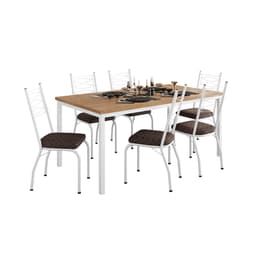 Conjunto de Mesa Retangular com Tampo de MDP Amadeirado e 6 Cadeiras Adriana I Revestimento Sintético Cacau e Branco
