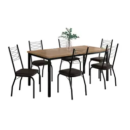 Conjunto de Mesa Retangular com Tampo de MDP Amadeirado e 6 Cadeiras Adriana I Revestimento Sintético Cacau e Preto