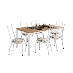 Conjunto de Mesa Retangular com Tampo de MDP Amadeirado e 6 Cadeiras Adriana I Revestimento Sintético Cedro e Branco