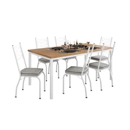 Conjunto de Mesa Retangular com Tampo de MDP Amadeirado e 6 Cadeiras Adriana I Revestimento Sintético Grafite e Branco