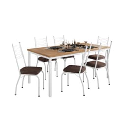 Conjunto de Mesa Retangular com Tampo de MDP Amadeirado e 6 Cadeiras Adriana I Revestimento Sintético Imbuia e Branco