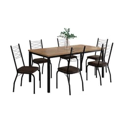 Conjunto de Mesa Retangular com Tampo de MDP Amadeirado e 6 Cadeiras Adriana I Revestimento Sintético Imbuia e Preto