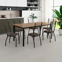 Conjunto de Mesa Retangular com Tampo de MDP Amadeirado e 6 Cadeiras Adriana I Revestimento Sintético Palha e Preto