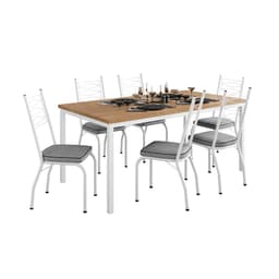 Conjunto de Mesa Retangular com Tampo de MDP Amadeirado e 6 Cadeiras Adriana I Revestimento Sintético Platina e Branco
