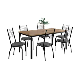 Conjunto de Mesa Retangular com Tampo de MDP Amadeirado e 6 Cadeiras Adriana I Revestimento Sintético Platina e Preto