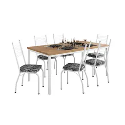 Conjunto de Mesa Retangular com Tampo de MDP Amadeirado e 6 Cadeiras Adriana I Revestimento Sintético Silver e Branco
