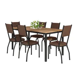 Conjunto de Mesa Retangular com Tampo de MDP Amadeirado e 6 Cadeiras Adriana II Revestimento Sintético Imbuia e Preto