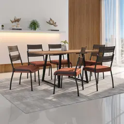 Conjunto de Mesa Retangular com Tampo de MDP Marrom Claro Atlanta e 6 Cadeiras Atenas Revestimento Sintético Terracota e Preto