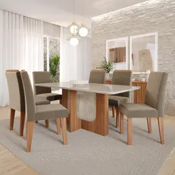 Conjunto de Mesa Retangular com Tampo de Vidro Off White Louise e 6 Cadeiras Tais e Maia Suede Joli e Amadeirado