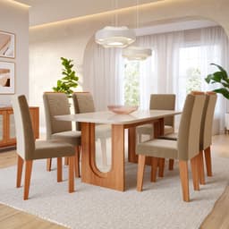 Conjunto de Mesa Retangular com Tampo de Vidro Off White Valentina e 6 Cadeiras Tais e Maia Suede Joli e Amadeirado