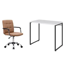 Conjunto de Mesa Studio Branca e Preta com Cadeira de Escritório Secretária Giratória Fitz Marrom