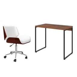 Conjunto de Mesa Studio Nogal com Cadeira de Escritório Diretor Giratória Lauren Branca