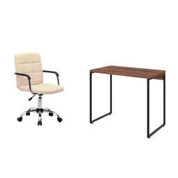 Conjunto de Mesa Studio Nogal com Cadeira de Escritório Secretária Giratória Fitz Bege
