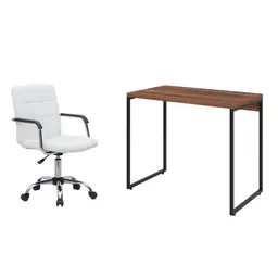 Conjunto de Mesa Studio Nogal com Cadeira de Escritório Secretária Giratória Fitz Branca