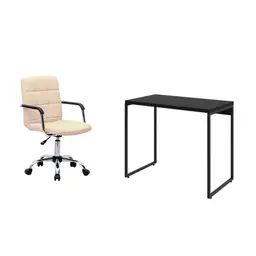 Conjunto de Mesa Studio Preta com Cadeira de Escritório Secretária Giratória Fitz Bege
