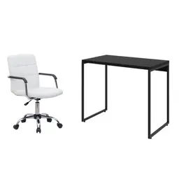 Conjunto de Mesa Studio Preta com Cadeira de Escritório Secretária Giratória Fitz Branca