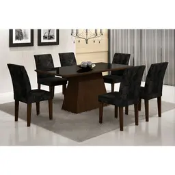 Conjunto de Mesa de Jantar Luna II com Vidro e 6 Cadeiras Grécia Suede Castor e Preto