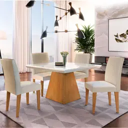 Conjunto de Mesa de Jantar Luna com 4 Cadeiras Estofadas Grécia Veludo Creme e Imbuia