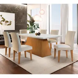 Conjunto de Mesa de Jantar Luna com 6 Cadeiras Estofadas Grécia I Veludo Off White e Creme