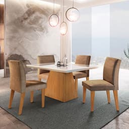 Conjunto de Mesa de Jantar Luna com Tampo Off White e 4 Cadeiras Grécia Suede Chocolate e Imbuia