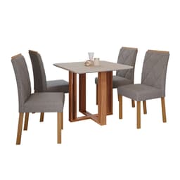 Conjunto de Mesa de Jantar Quadrada Com Tampo MDF Off White Flora e 4 Cadeiras Fernanda Linho Grafite e Cinamomo